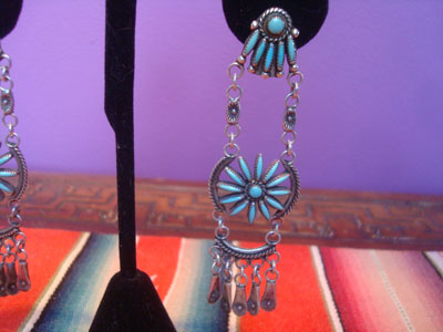 Native American vintage sterling silver jewelry, and Zuni sterling silver jewelry, a pair of dangling Zuni petit-point earrings of silver and turquoise, by Florida Haskie and Norbert, Zuni Pueblo, New Mexico, c. 1970's. The silverwork is exceptional, the work of true masters!