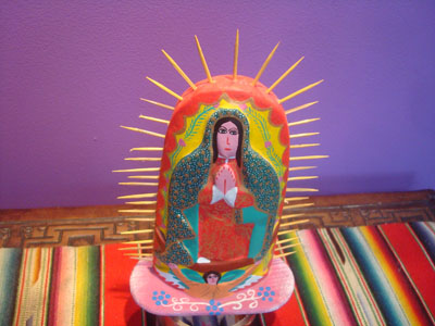 Mexican vintage devotional art, and Mexican vintage woodcarvings, a lovely woodcarving of Our Lady of Guadalupe, with fine detail in her robe and tunic, from the village of Tilajepe outside of the city of Oacaca, c. 1980.