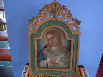 Mexican vintage devotional art, a lovely retablo painted on tin depicting the Alma de Maria, or Spirit of Mary, c. 1930.