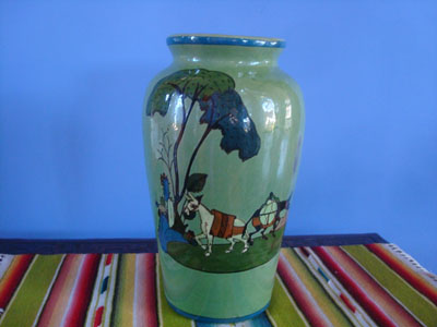 Mexican vintage pottery and ceramics, a lovely pottery vase with a beautiful green background and very fine and crisp artwork, Tonala or San Pedro Tlaquepaque, c. 1930's.