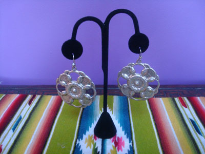 Mexican vintage sterling silver jewelry, and Taxco vintage sterling silver jewelry, a beautiful pair of chandelier silver earrings with fine repousse silverwork, Taxco, c.1940's.